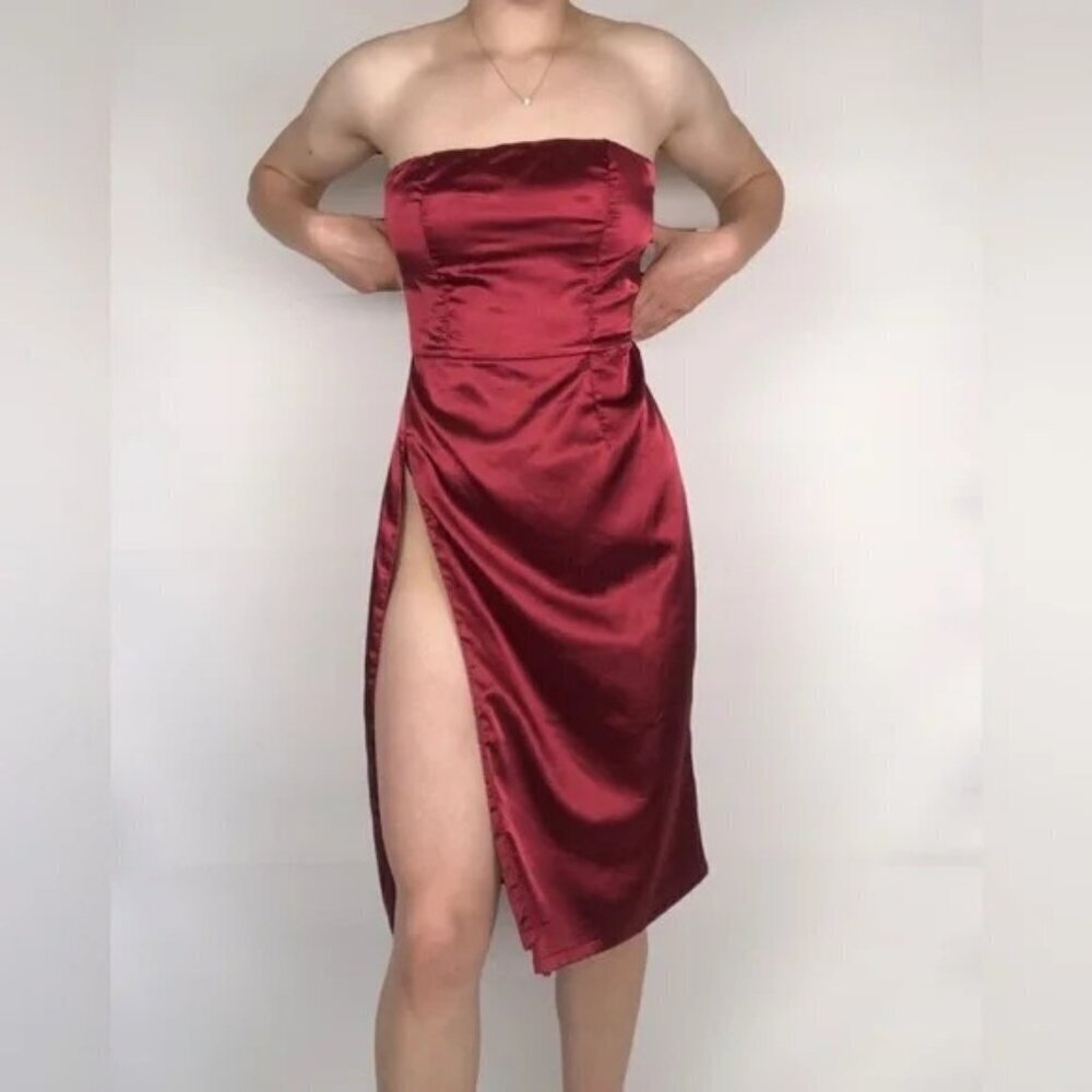 NWT Meshki Alayna Strapless Burgundy Satin Midi Dress S Small